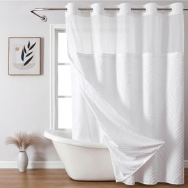 eachope Long No Hook Shower Curtain and Liner Set,Boho Style with See Through Top Window,White Fabric Tufted Striped Textured Outer Curtain with Snap in Liner, White,71Wx80H