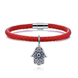 SLIACETE Red Hamsa Hand Bracelet for Women 925 Sterling Silver Protection Bracelet Hamsa Charm on Red Leather Evil Eye Bracelet Birthday Anniversary Friendship Gift 7.5 Inch