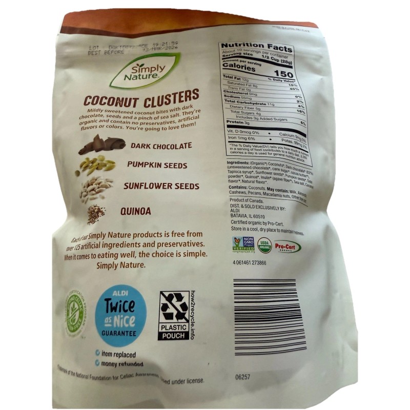 Simply Nature Coconut Clusters Dark Chocolate Pumpkin Sunflower Quinoa Non