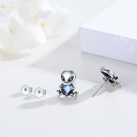 TRISHULA Alien Earrings 925 Sterling Silver Heart Crystal Earrings Alien Stud Earrings Big Eye Space Alien Earrings Rave Jewelry Gifts for Women Men