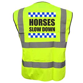 Equestrian SILLITOE HORSES SLOW DOWN Hi Viz Vis Vest Horse Riding Equine Safe Reflective Waistcoat Jacket Road Safety Visibility Medium