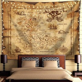 QCWN Treasure Map Tapestry Wall Hanging,Island Map Super Detailed Treasure Map Pirates Gold Secret Sea History Theme, Wall Hanig for Bedroom Living Room Dorm Decor Beige and Brown 59x51Inc
