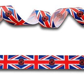 2 Yards (1.82 metres) Union Jack & Remembrance Poppy Grosgrain Ribbon 25mm Wide, Ideal for Craft Projects, Scrapbooking, DIY Hair Bows, Present Wrapping etc.