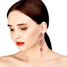 Touchstone Indian Bollywood Desire Handcrafted Contemporary Diamond Look White Rhinestone Faux Rose Quartz Designer Jewelry Chandelier Earrings In Antique Gold Tone For Women.