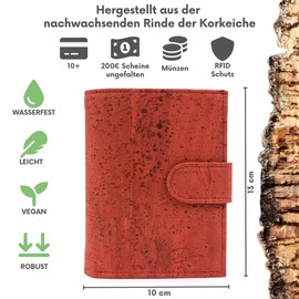 Simaru Women's Cork Wallet with RFID Protection, Vegan Wallet for 10+ Cards, Notes & Coins, Sustainable Wallet, red, Casual