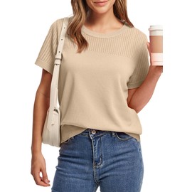 WIHOLL Womens Tops Short Sleeve Sweater Summer Tops for Women 2025 Trendy Lightweight Sweaters Spring Break Essentials Beach Vacation Clothes Ladies Cute T Shirts Business Casual Outfits Light Camel M