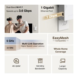 TP-Link BE3200 Wi-Fi 7 Range Extender RE223BE w/Gigabit Ethernet Port | 3.2 Gbps Dual-Band Wireless Repeater | Internet Signal Booster for Home | Up to 2400 sq.ft, 64 Devices | MLO, EasyMesh