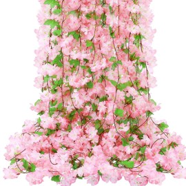 6Pcs 50.5FT Artificial Cherry Blossom & Grape Leaf Garland Set – Silk Pink Cherry Blossom Vines with Greenery for Wedding, Party, Home, and Spring/Summer Decor