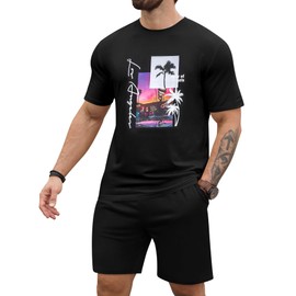 LecGee Mens Short Sets 2 Piece Hawaiian Outfits Fashion Summer Tracksuits Casual Set Beach T Shirt and Short(Black,XXXL)