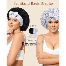 AWAYTR Silk Bonnet for Sleeping Women 100% Mulberry Silk Bonnet with Band 2 Layer Reversible Hair Bonnet Sleeping Hair Wrap (Silk, Black/Silver Grey)