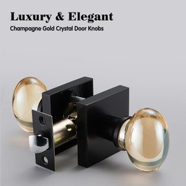 dairazan Champagne-Gold Oval-Glass Door Knobs - Interior Passage Premium Crystal Door Handles, Square Rosette Matte Black Finished(Passage)