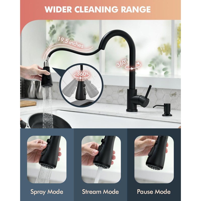 VFAUOSIT Black Kitchen Faucet with Soap Dispenser, 3-Mode Kitchen Sink