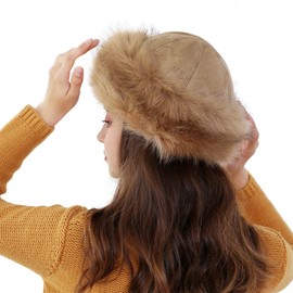 MioCloth Faux Fur Trimmed Beanie Hat Winter Warm Soft Classy Russian Hat for Women Girl Khaki