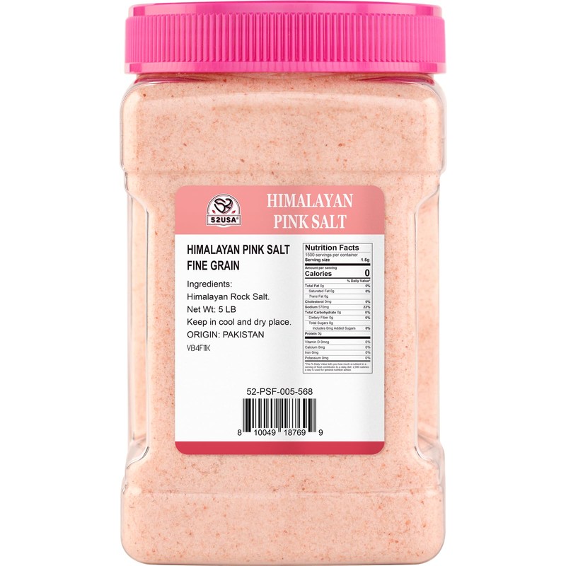 52USA Himalayan Pink Salt, Fine Grain, 5 Pound (80oz), Himalayan