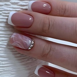 24 Pcs Pink Press on Nails Short Square Fake Nails Rhinestone Designs French Tip Nails Glossy Full Cover Stick on Nails White Lines Rendering Pattern Glue on Nails for Women Girls