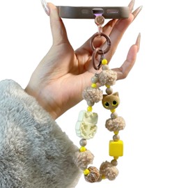 LIFCIUSO Pixel Flower Phone Charms Wrist Strap - Kawaii Hands-Free Cat & Fluffy Beaded Phone Lanyard for Women Girls, Luxury Bling Glitter Keychain with Detachable Design (Gifts for Party/Daily Use)