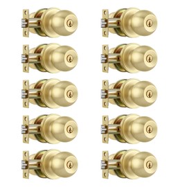 Leydebong 10 Pack Keyed Alike Door Knobs, Gold Door Knobs with Lock and Key, Round Ball Door Knobs for Front Door/Bedroom
