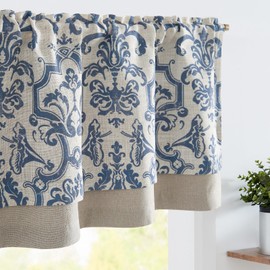 jinchan Linen Valance Curtain for Kitchen Vintage Damask Floral Blackout Valance Double Layer Small Window Curtain for Living Room Bedroom Bathroom 18 Inch Rod Pocket 1 Panel Dark Blue on Beige