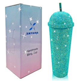 XMYAINA 24oz Bling Cup Handmade Rhinestones Studded Tumbler Double Wall Insulated Plastic Reusable Water Bottle with Lid and Straws for Home Office Party Beach(Peacock Blue)