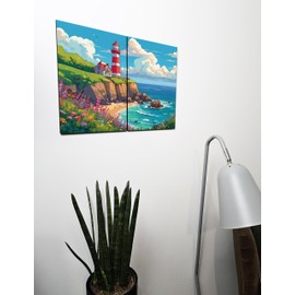 The Plum Penguin Coastal Bluff Lighthouse & Wildflowers Wooden Wall Art - 2 Piece A4 MDF Set Canvas Alternative 40 x 30cm