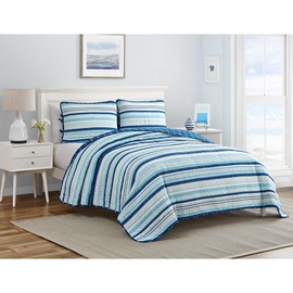 DESIGN STUDIO Coastal Stripes Soft Cotton Reversible Quilt Set - King, Newport Stripe