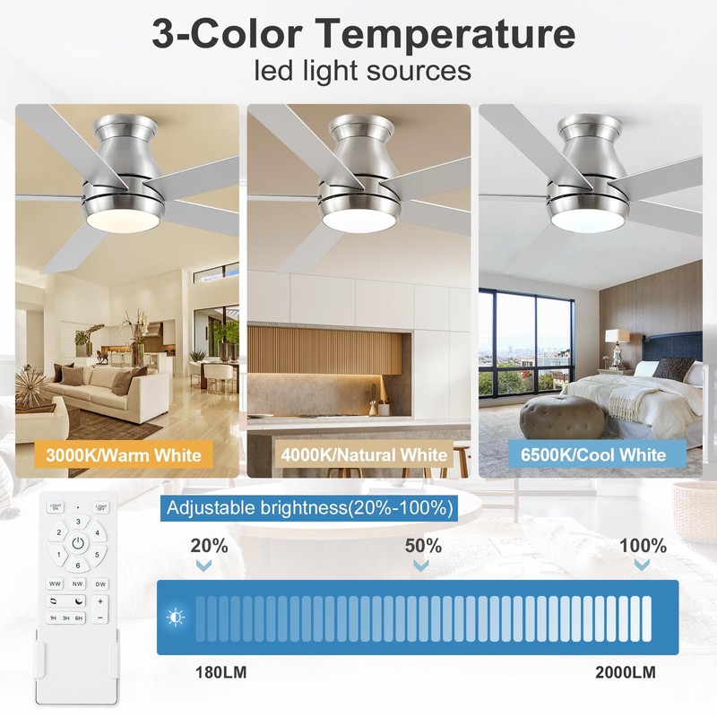 POCHFAN 60 Inch Brushed Nickel Ceiling Fans with Lights and