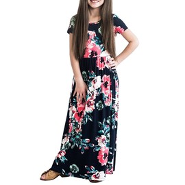 YIJODM Girls Floral Maxi Dress, Flower Printed Short Sleeves Dress with Pockets Summer Long Holiday Dress Dark Blue