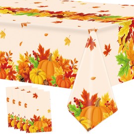 4 Pack Fall Thanksgiving Tablecloth Pumpkin Maple Leaves Plastic Tablecloth Disposable Autumn Leaves Rectangle Table Covers Decorations for Fall Harvest Thanksgiving Holiday Party Kitchen 54" x 108"