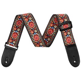 Guitar Strap for Electric Acoustic Guitar & Bass, Adjustable Leather-End Strap with Pick Pocket, Cotton Jacquard Embroidered Design, 5CM Wide Soft Padded Guitar Strap for Bass Ukulele Mandolin (RED)