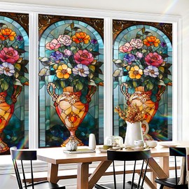 Stained Glass Window Film Privacy Decorative – Colorful Leaf Frosted Static Cling Vinyl, No Glue, UV Blocking, Heat Control,Tint for Home Office Bathroom 17.7 x 39.4 Inches (1, Vase)