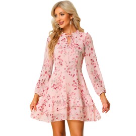 Allegra K Women's Summer Dresses 2025 Floral Tie V Neck Semi Sheer Long Sleeve Layered Tiered Chiffon Mini Dress X-Large Pink