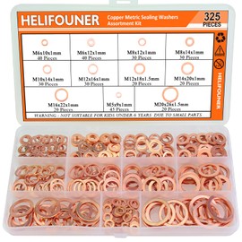 325 Pieces Copper Washers, HELIFOUNER 11 Sizes Copper Metric Sealing Washers, Flat Washers Assortment Kit (M5 M6 M8 M10 M12 M14 M16 M20)