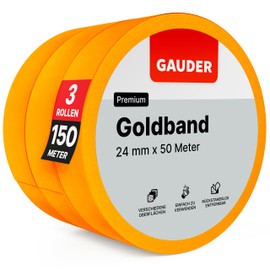 GAUDER GAUDER Goldband (24 mm x 50 m) | 3x Malerkrepp aus Premium Washi Tape fr pr?zise Farbkanten | rckstandsfreies Profi-Kreppband und Abdeckband | Malerband zum Streichen und Lackieren
