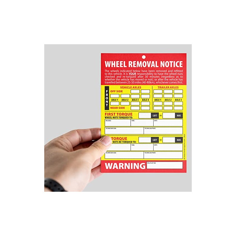 Wheel Change Notice Tag Card Re-Torque Warning - 50 Cards