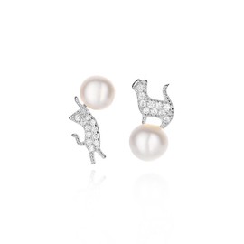 K.L.Y Women's Cat Earrings, Popular, Freshwater Pearl, Silver, 925 % Finest Zirconia, Sterling Silver, Hypoallergenic, Cat Earrings, Popular, Birthday Gift, Accessory, Silver Cubic Zirconia, Pearl
