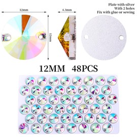 SWTHONY 12mm AB Round Sew On Rhinestones for Crafting, 48pcs Crystal Glass Gems Silver Plated Flatback Jewels with 2 Holes for Crafts Clothes Fabric