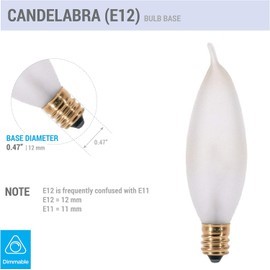 KOR Pack of 12 – 15 Watt Flame Tip Shape Frosted Candelabra Light Bulbs, E12 Base, 120V, Incandescent Dimmable. Warm White Color, 15W for Chandeliers, Pendants, Ceiling Fan and Sconces