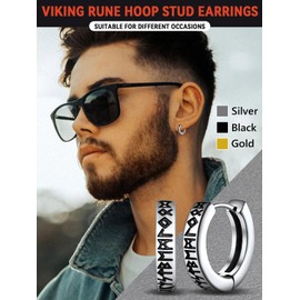 Stainless Steel Viking Rune Huggie Hoop Earrings for Men Nordic Mythology Protective Small Sleeping Hoops for Woman