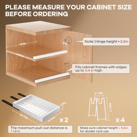 Seinloes 2 Pack Pull out Cabinet Organizer 21" Deep With Raising Pad for Framed Cabinets, Expandable (9"-14" W) Slide out Drawers for Kitchen Cabinets with 4pcs Divider Racks, Roll out Shelves, White