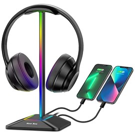 Soporte para auriculares RGB New Bee con 1 puerto de carga USB-C y 1 puerto de carga USB, soporte de escritorio para auriculares de juegos con 7 modos de luz para todos los accesorios de auriculares
