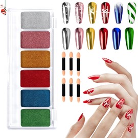 Polvo para Uñas, polvo uñas Cromo, Glitter Powder Nail, 6 Colores Efecto Espejo Polvo de Uñas con 6 Aplicador, Decoración de Arte de Uñas para Mujeres, Serie Navideña 01