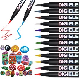 DIGIELE Rock Painting Pens Brush Tip, 12 Colours Stones Painting Permanent Acrylic Paint Markers with Soft Flexible Tip, 2mm - 6mm Drawing for Kids and Adults DIY, Art Supplies & Calligraphy Painting