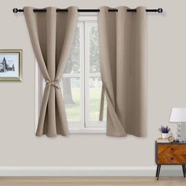 XWZO Opaque Blackout Curtains with Eyelets, 2 Pieces, Curtains with Tie Backs, Opaque Curtains for Bedroom, Living Room, Office, 138 x 117 cm, Taupe