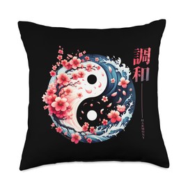 Sakura Flower Blossom design in Ying Yang sakura aesthetic Throw Pillow