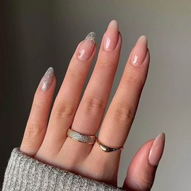 Acenail Almond Press on Nails Long Fake Nails Nude Acrylic Press on Nail Medium Length Full Cover Nail for Women 24Pcs (G-French Glitter)