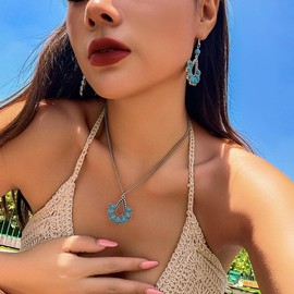 Artmiss Boho Turquoise Necklace Dangle Earrings Set Western Pendant Necklace Vintage Dangle Earrings Statement Jewelry for Women