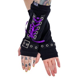 MIJOMA Poizen Industries 1 Pair of Arm Warmers Gothic Punk Navya Arm Warmers One Size Unisex, black-purple