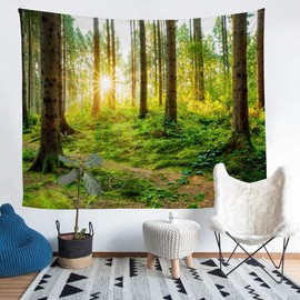 Tbrand Forest Wall Hanging Forest Spring Fresh Theme Tapestry 148 x 200 cm for Children Boys Girls Leaves Sun Rays Sunrise Tapestry Nature Wall Towel