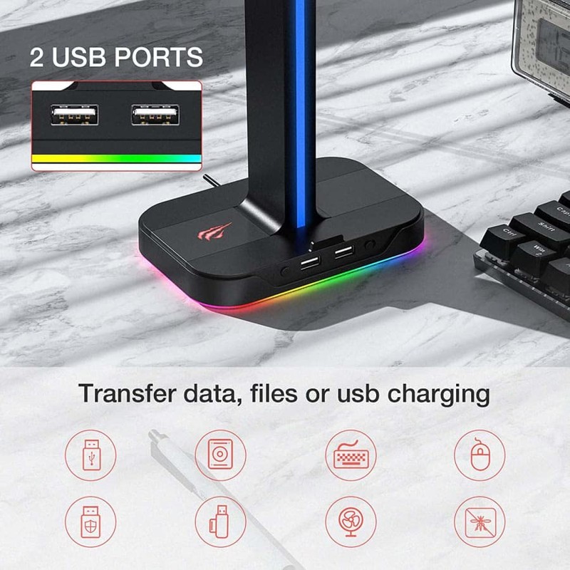 Havit RGB Headset Stand with Dual Hanger and 2 USB