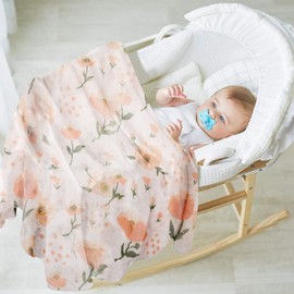Large-Size Organic Muslin Swaddle Blanket, Beautiful 100% Cotton Organic Swaddle Blankets for Boy and Girl 47 x 47 inches, Baby Blanket for Thanksgiving, Friends, Family(Orange Flower)